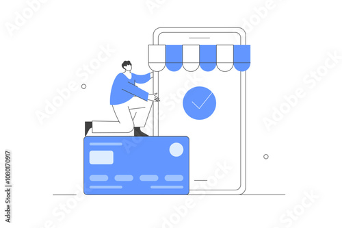 Payment methods. Character paying with credit card online by electronic bank transfer. Flat Cartoon Vector Illustration, icon. Stylish, Minimalist Abstract