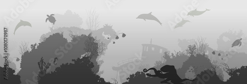 Vector sea background seamless horizontally. Coral bottom with sea animals. Good detail	