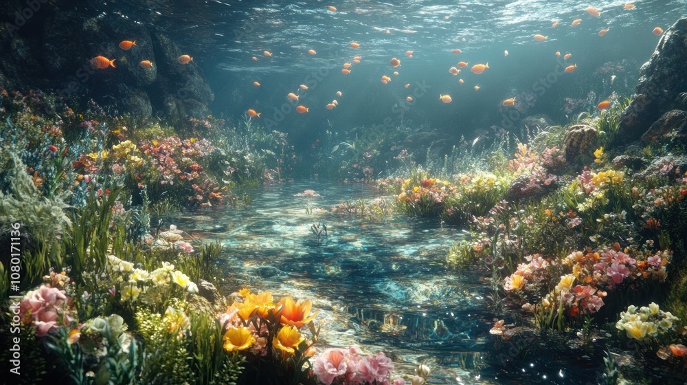 A vibrant underwater scene with a school of fish swimming through a path of coral and plants. A vibrant underwater scene with a school of fish swimming through a path of coral and plants.