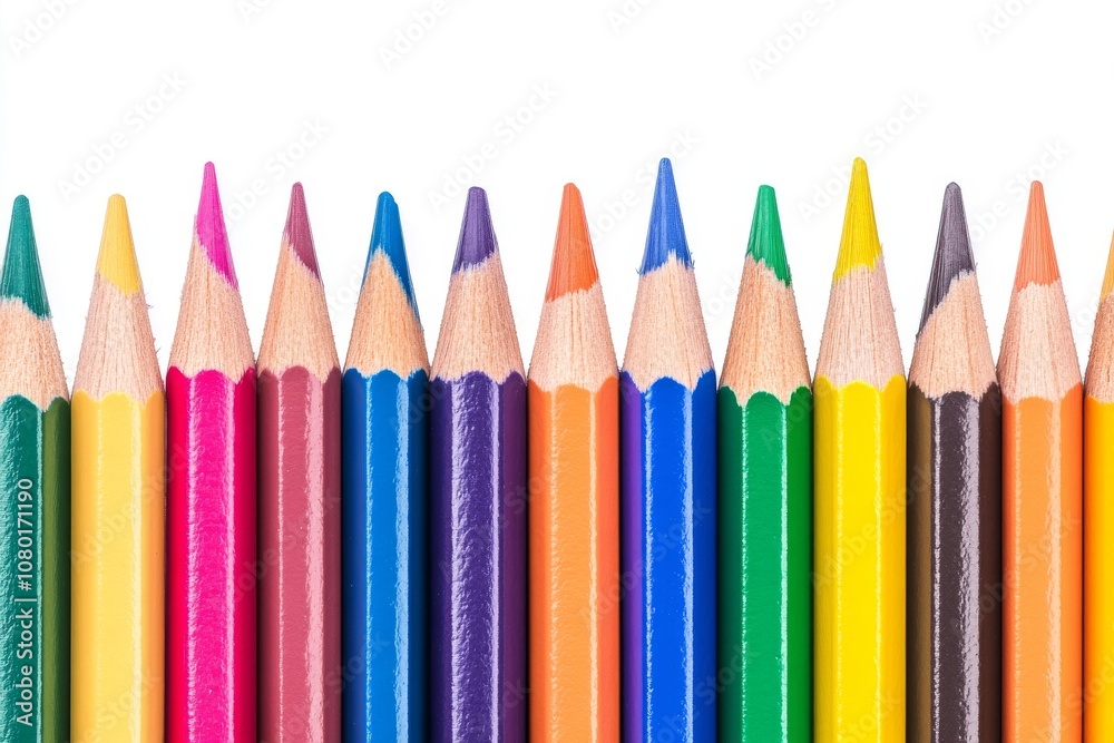 Colorful Pencils Displayed in Vibrant Row Against White Background Colorful Pencils Displayed in Vibrant Row Against White Background