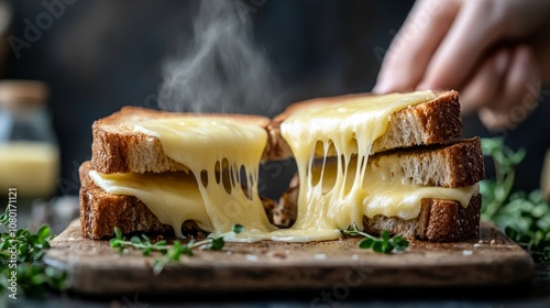 A warm sandwich filled with gooey melted cheese is pulled apart, revealing the stretchy goodness inside, with herbs adding a touch of freshness nearby photo