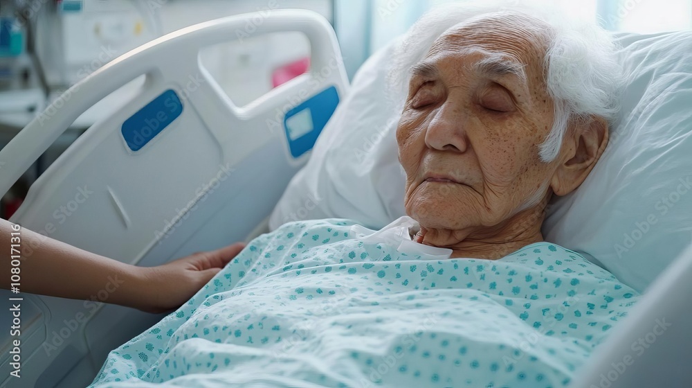 Obraz premium Elderly patient resting in a hospital bed, family member by their side, elderly care, family support