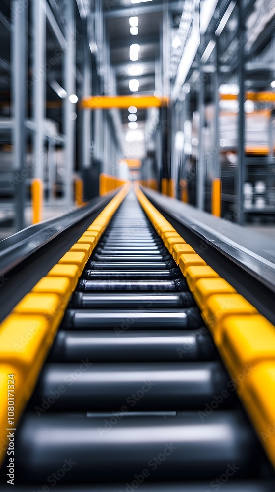 A long conveyor belt in a warehouse, made of steel and yellow metal bars, with a gray grid surface. In the background are modern storage equipment for products such as car parts or electronic devices.