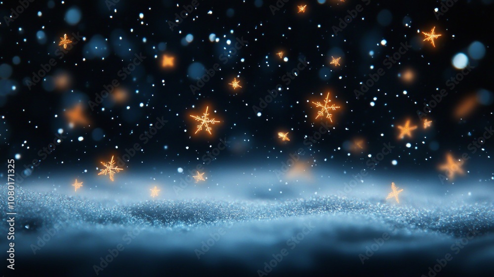 Obraz premium Christmas Winter Wonderland. Snowflakes, Bokeh Effects, and Sparkling Stars on a Magical Night