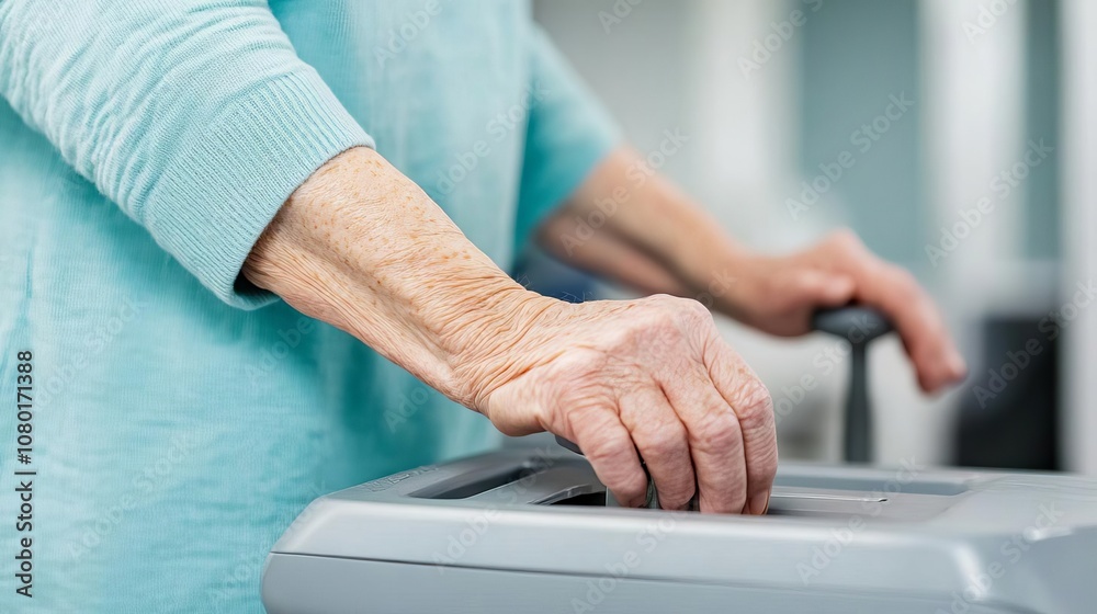 Fototapeta premium Elderly patient undergoing physical therapy, using equipment with guidance, rehabilitation, support
