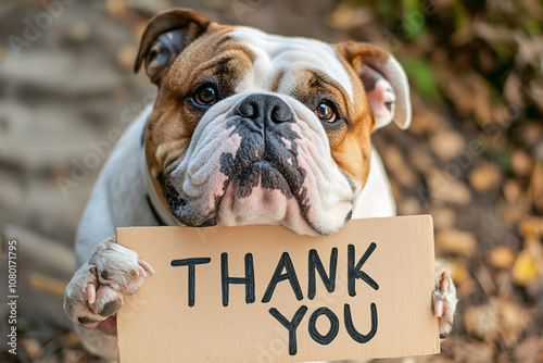 adorable bulldog holding a thank you sign with a heartfelt expression surrounded by a natural outdoor setting
