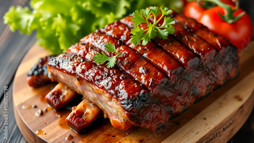 Tasty grilled ribs with a parsley on top, lettuce leaf and a tomato on a wooden breadboard photo