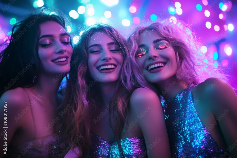 young women female friends dancing at new year party with glitter makeup neon lights young women female friends dancing at new year party with glitter makeup neon lights