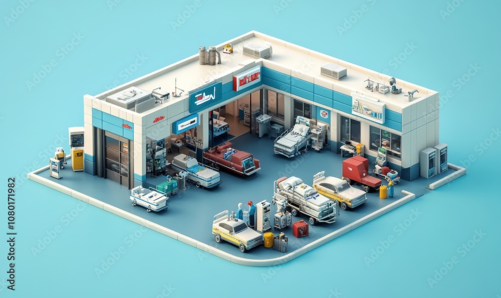 Isometric hospital with multiple departments, from emergency rooms to operating theaters, detailed and functional, 3D illustration