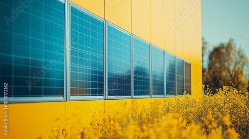 A vibrant yellow building showcasing solar panels reflects eco-friendly technology in an outdoor setting surrounded by blooming flowers.