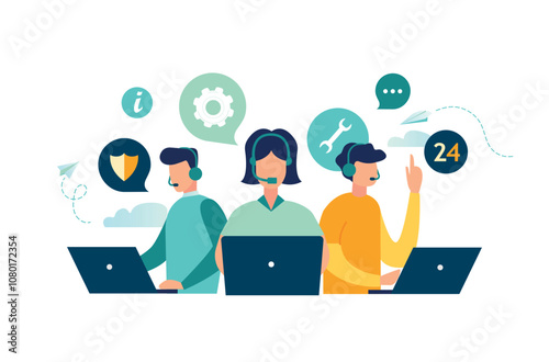 Customer service, hotline operators consult customers with headsets on computers, 247 global online technical support, Call center, call processing system, Vector illustration