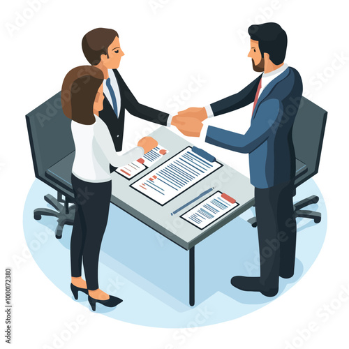Isometric business people shaking hands in meeting room. Vector illustration..eps