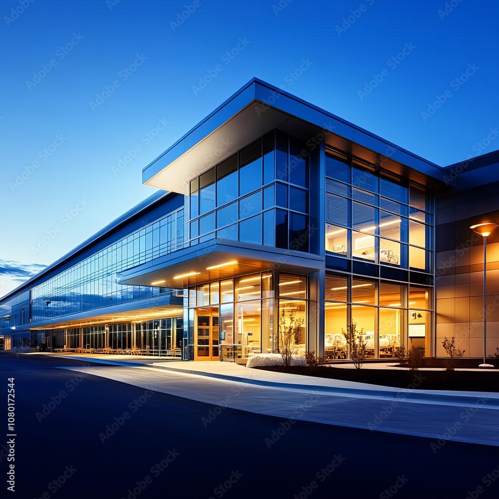 Hospital exterior during the night shift, lights on in the patient rooms, night shift, healthcare facility