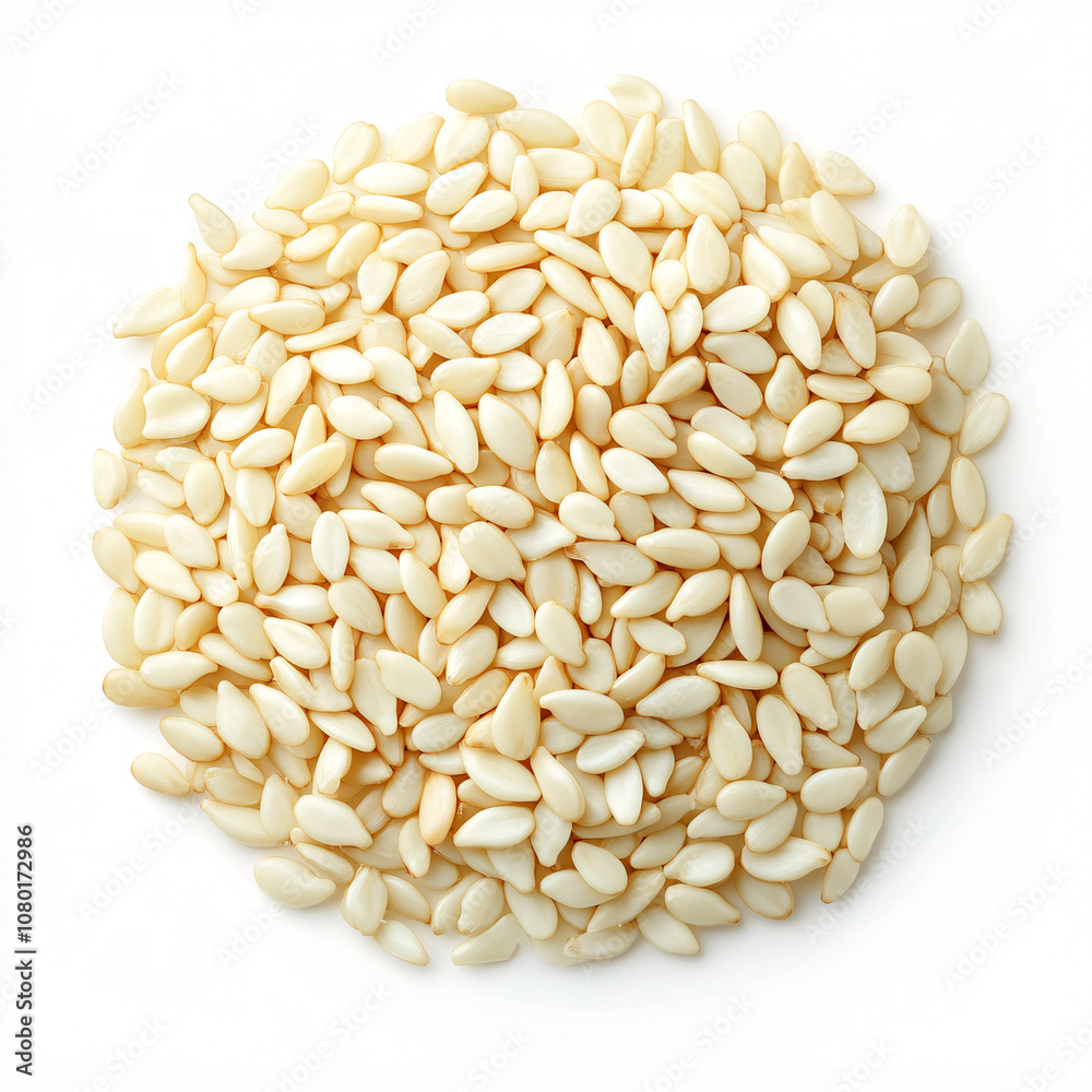 A circular pile of white sesame seeds, showcasing their smooth texture and small size, ideal for culinary uses and garnishes. A circular pile of white sesame seeds, showcasing their smooth texture and small size, ideal for culinary uses and garnishes.
