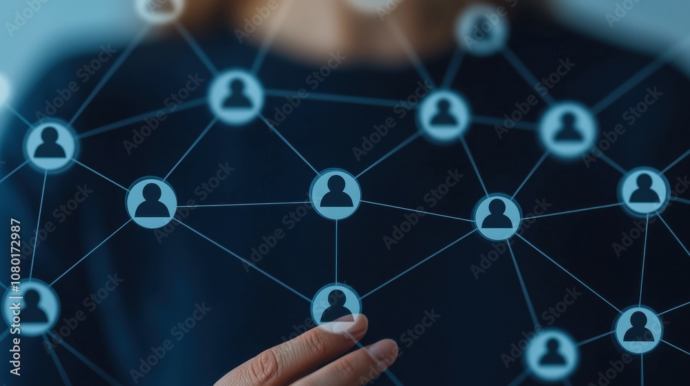 Person interacting with a digital network illustration on a dark background. Person interacting with a digital network illustration on a dark background.