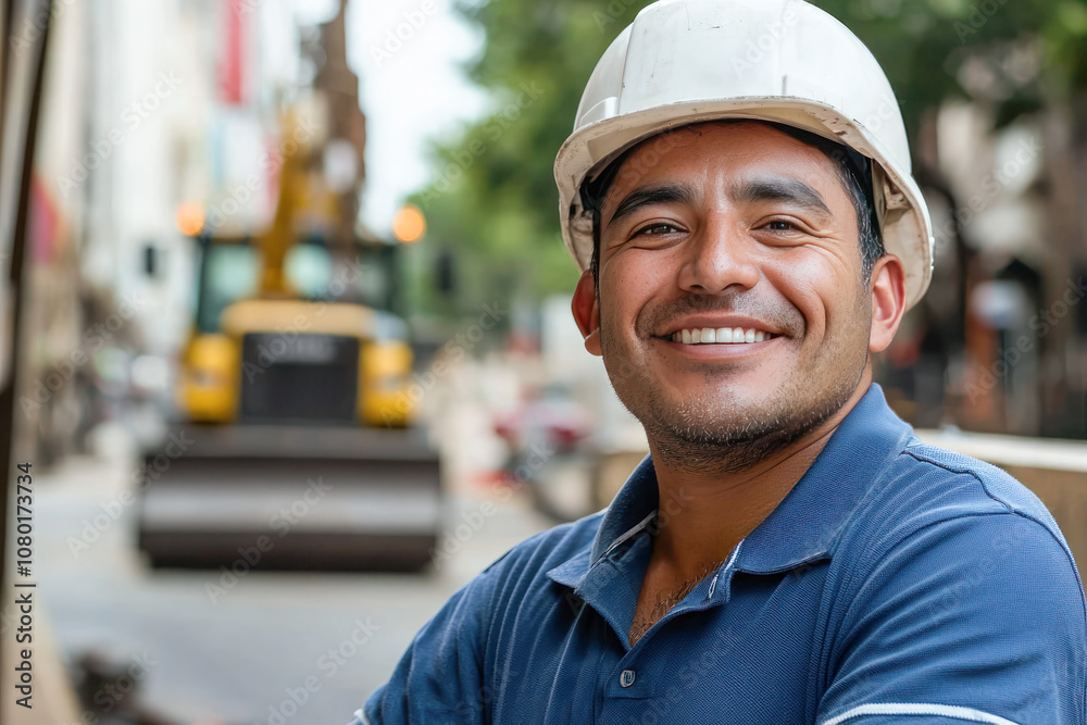 Construction worker smiling at a construction site with blurred machinery in the background. Construction worker smiling at a construction site with blurred machinery in the background.