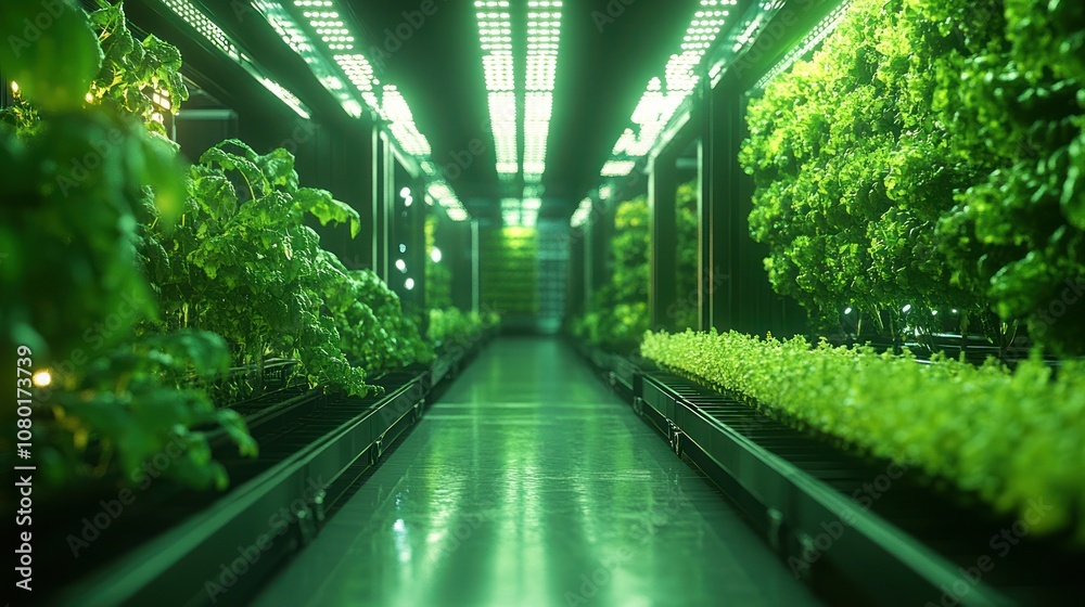 A long, narrow corridor in a futuristic indoor hydroponic farm, with rows of leafy green plants growing under bright LED lights. A long, narrow corridor in a futuristic indoor hydroponic farm, with rows of leafy green plants growing under bright LED lights.