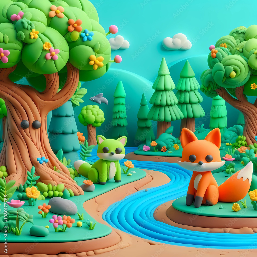 Naklejka premium 3D render of a lush forest with big, cartoonish trees. 3D digital illustration. cartoon style.