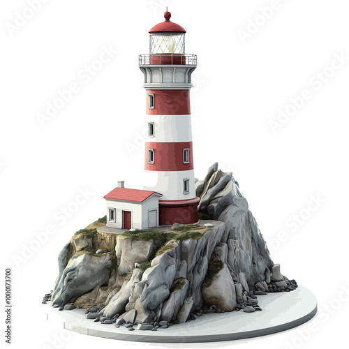 Lighthouse on a rock isolated on white background. 3d render.eps