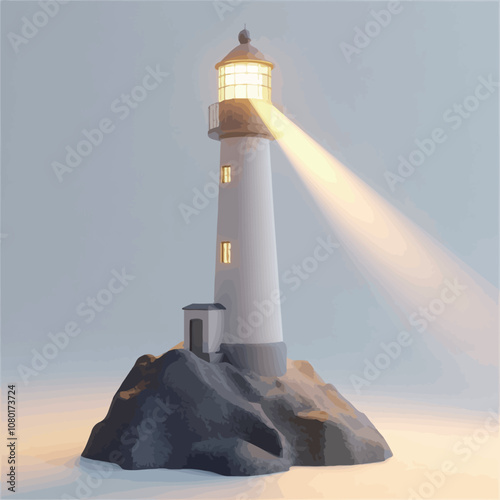 Lighthouse on the rock with rays of light. 3D rendering.eps