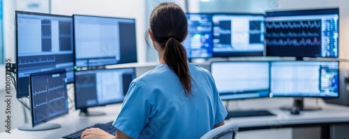 Modern nurse station with multiple monitors, staff working efficiently, organization, healthcare team