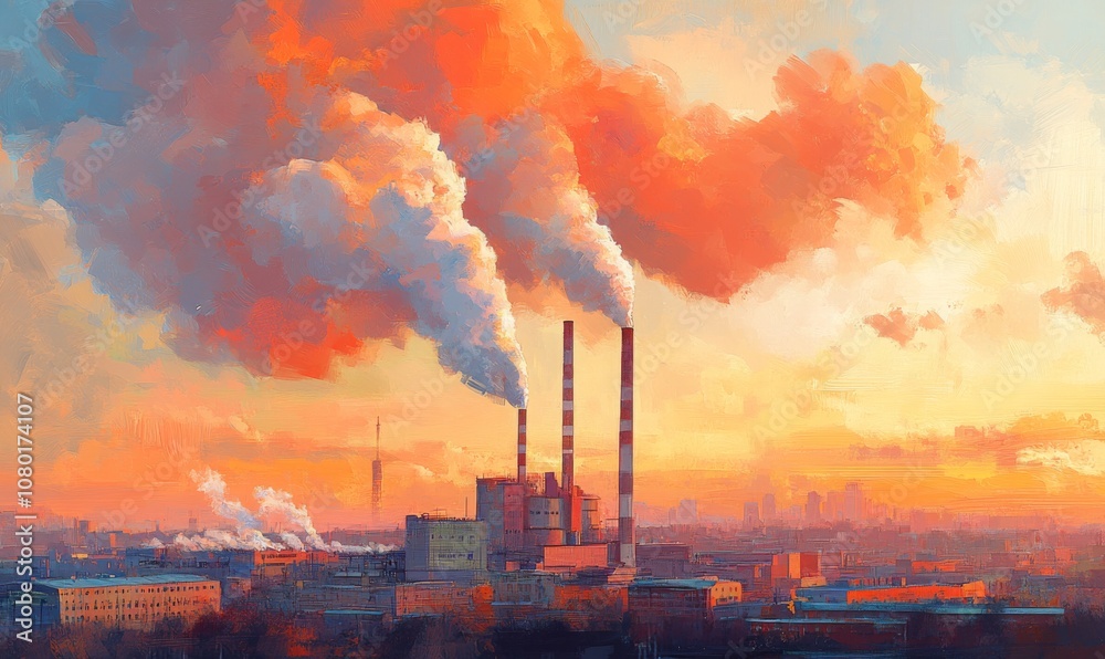 Industrial power plant with thick CO2 smoke from chimney. Pollution and carbon dioxide emissions footprint from fossil fuel burning. Industrial power plant with thick CO2 smoke from chimney. Pollution and carbon dioxide emissions footprint from fossil fuel burning.
