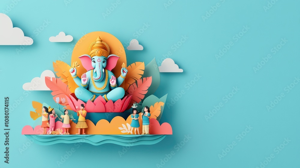 Obraz premium Colorful depiction of Ganesha surrounded by joyful devotees.