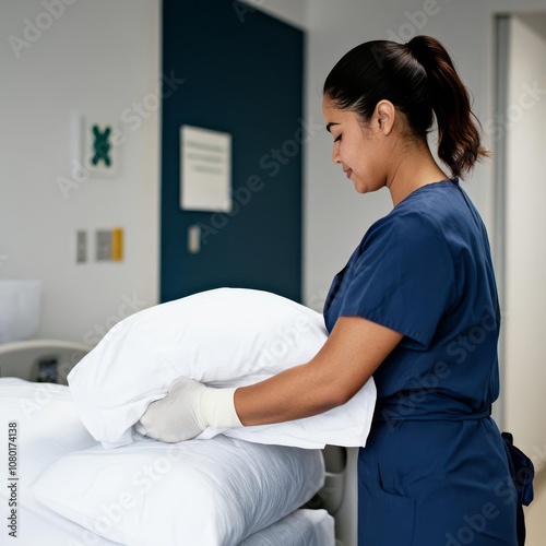 Nurse changing bed linens in a patient s room, ensuring cleanliness, hygiene, care photo