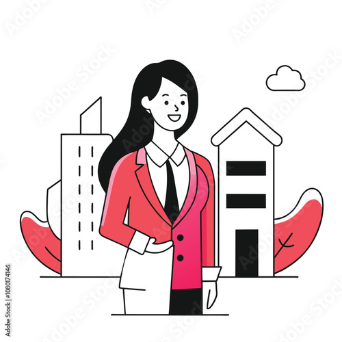 Confident businesswoman in a red suit stands in front of city buildings and a house