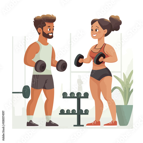 Man and woman doing exercises with dumbbells. Vector illustration in cartoon style..eps