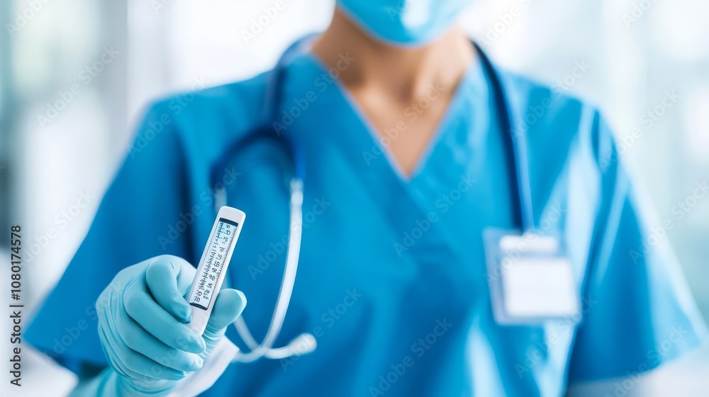Nurse taking a patient s temperature with a digital thermometer, routine checkup, care Nurse taking a patient s temperature with a digital thermometer, routine checkup, care
