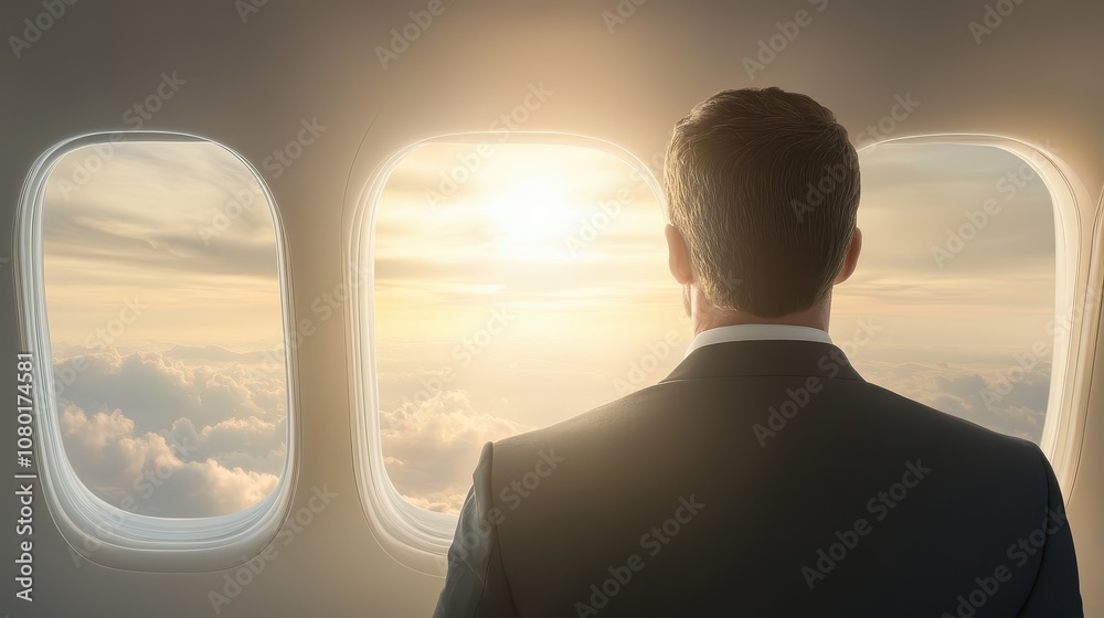 A man in a suit is looking out the window of an airplane A man in a suit is looking out the window of an airplane
