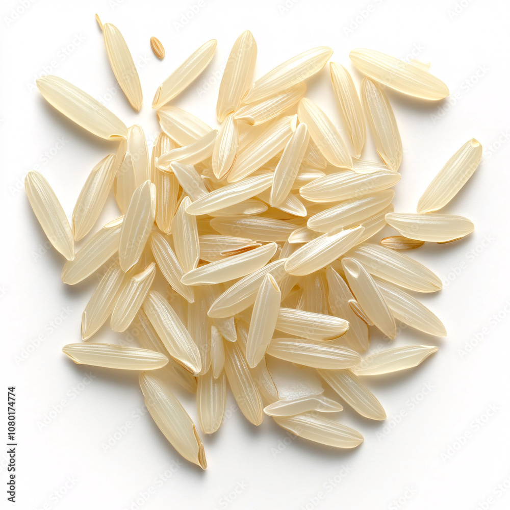 A close-up of uncooked, white rice grains arranged randomly on a flat surface, showcasing their elongated shape and smooth texture. A close-up of uncooked, white rice grains arranged randomly on a flat surface, showcasing their elongated shape and smooth texture.