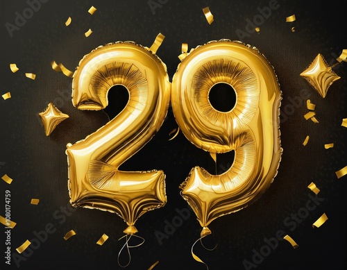 Gold birthday / anniversary balloon, number 29, black background with confetti photo