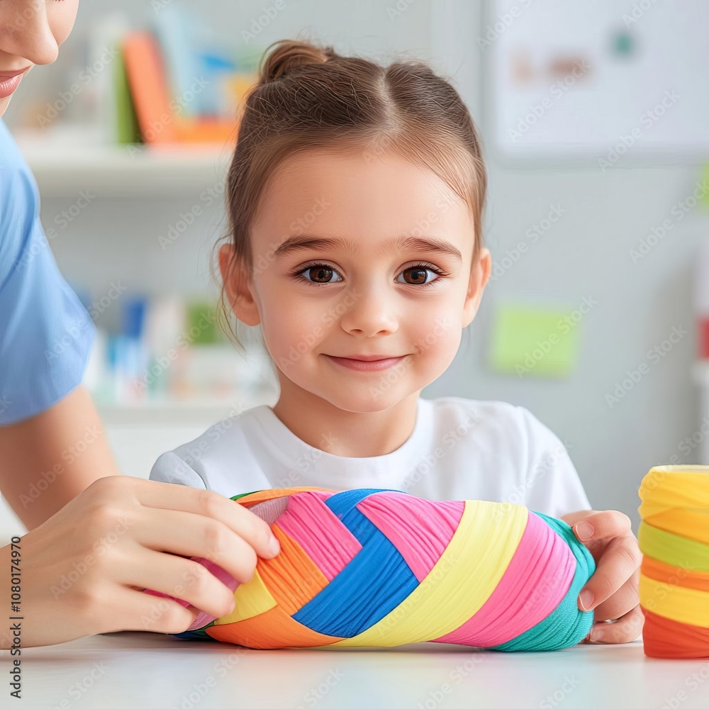 Pediatric nurse applying a colorful bandage to a child, cheerful setting, pediatrics, care Pediatric nurse applying a colorful bandage to a child, cheerful setting, pediatrics, care