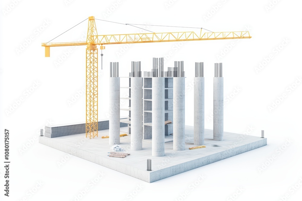 Construction site with crane and concrete pillars in progress. Construction site with crane and concrete pillars in progress.