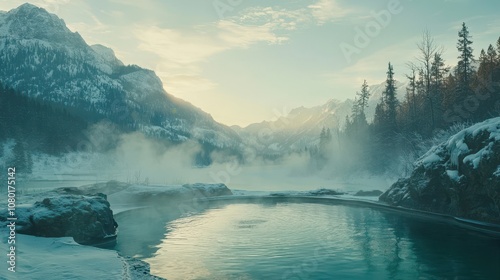 Serene View of a Hot Spring Nestled in Snowy Landscape Surrounded by Majestic Mountains and Lush Trees at Dawn