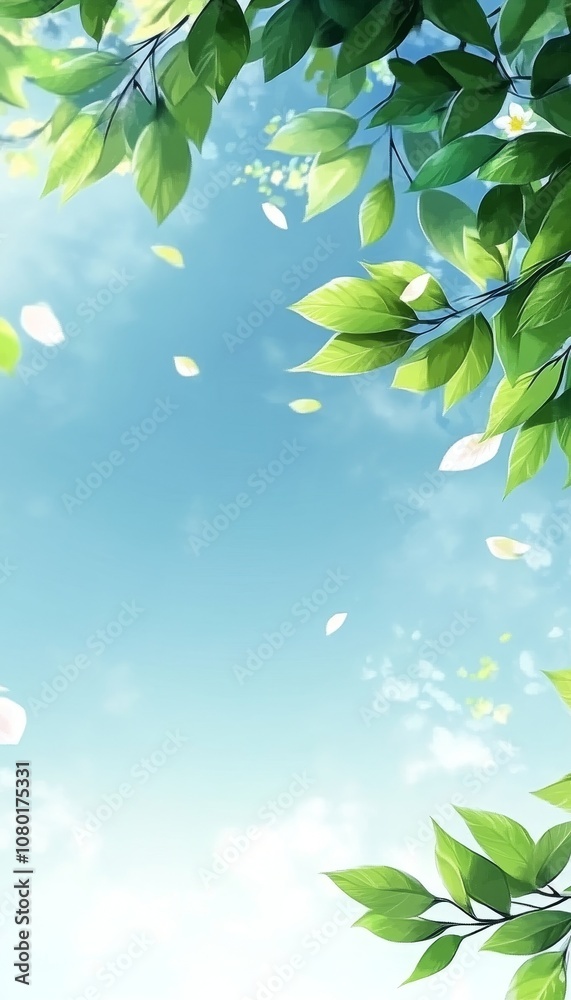 Springtime Sky Fresh Green Leaves Frame a Bright Blue Sky with Delicate, Falling Petals Springtime Sky Fresh Green Leaves Frame a Bright Blue Sky with Delicate, Falling Petals