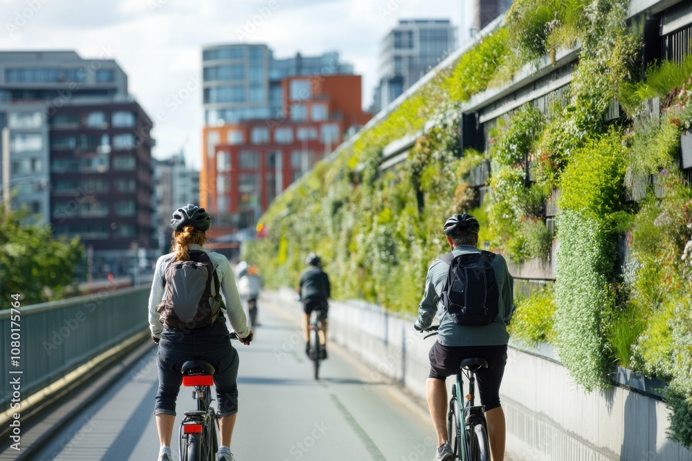 Naklejka premium A bicycle ride through a city featuring designated green lanes, surrounded by eco-friendly urban developments such as vertical gardens, green rooftops, and electric public transport systems.
