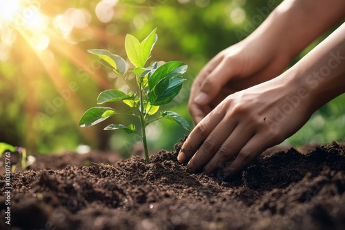 A close-up of hands planting a tree sapling in the soil, representing care for the earth. The sunlight filters through the surrounding trees, symbolizing hope and environmental stewardship.