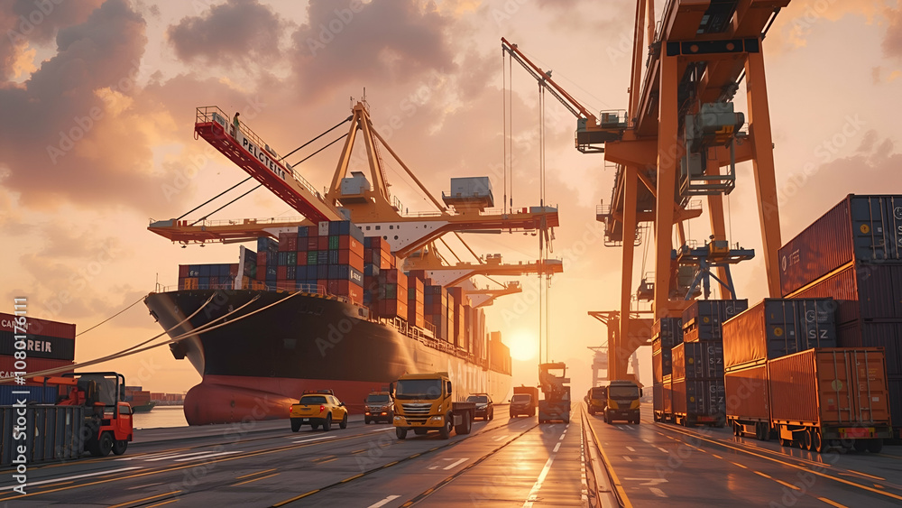 Logistics and transportation of Container Cargo ship and Cargo plane with working crane bridge in shipyard at sunrise, logistic import export and transport industry background Logistics and transportation of Container Cargo ship and Cargo plane with working crane bridge in shipyard at sunrise, logistic import export and transport industry background