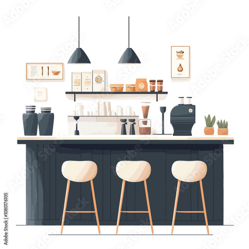 Modern bar interior with bar counter, chairs, coffee machine and accessories. Vector illustration.eps