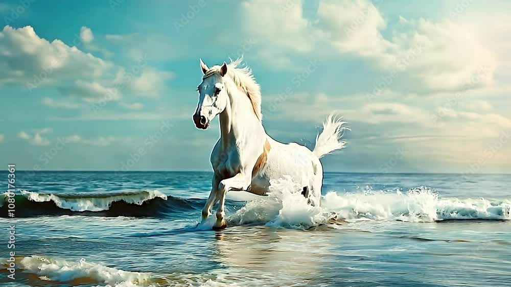 A white horse jumps out of the sea on sunny day
A white horse jumps out of the sea on sunny day