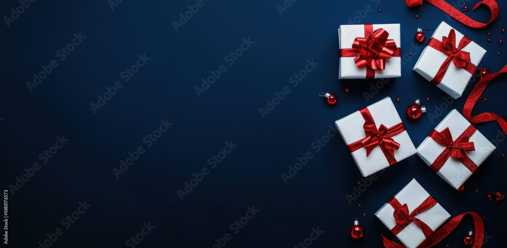 Fototapeta premium collection of beautifully wrapped gifts with red ribbons on dark background, perfect for festive celebrations