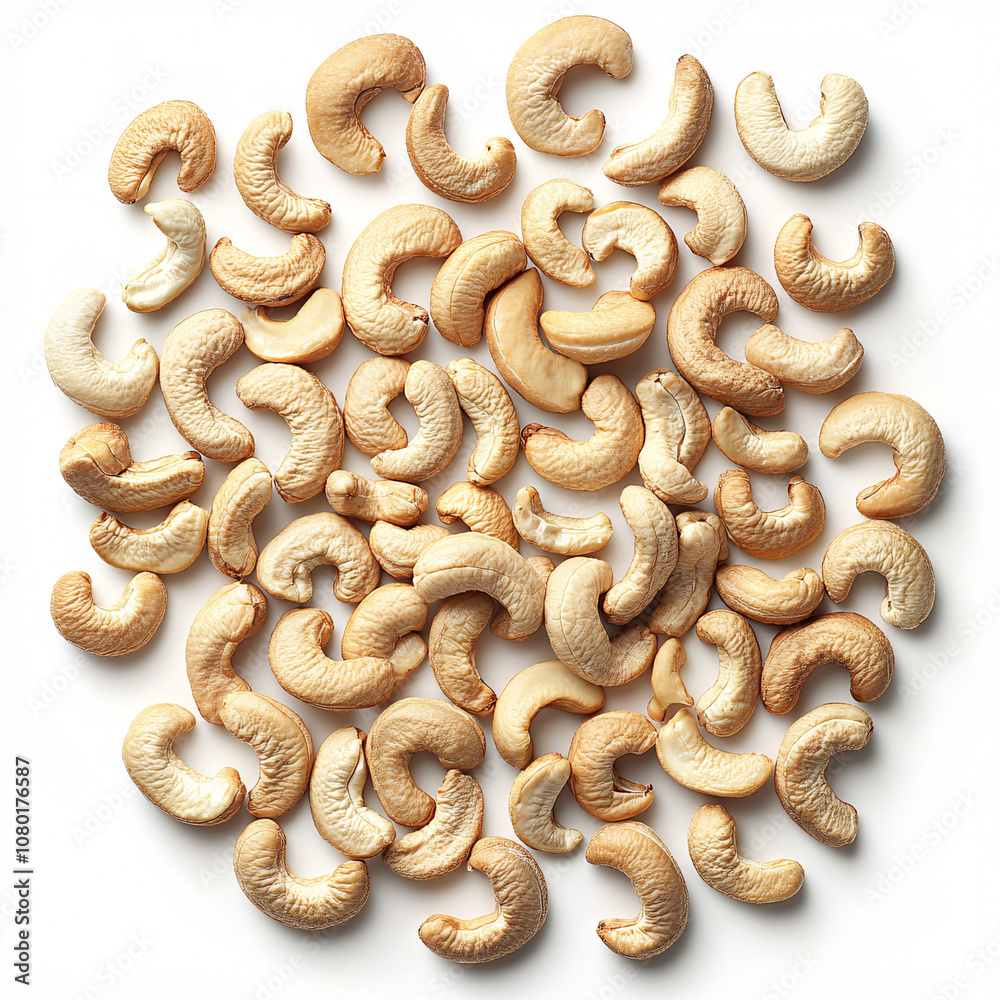 A close-up view of various cashew nuts scattered on a surface, showcasing their unique curved shapes and light beige color. A close-up view of various cashew nuts scattered on a surface, showcasing their unique curved shapes and light beige color.