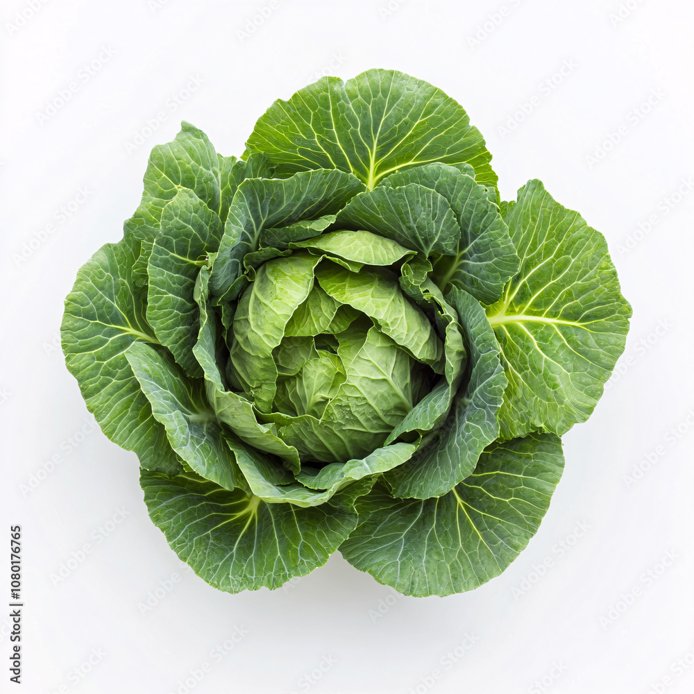 Obraz premium A fresh green cabbage with tightly packed leaves sits against a light background, showcasing its vibrant color and crisp texture.