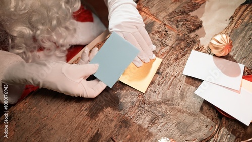 Santa Claus Is Reading The Children's First Christmas Letters On His Table photo