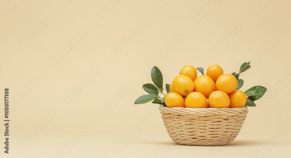 A wicker basket filled with fresh oranges and green leaves against a light background. A wicker basket filled with fresh oranges and green leaves against a light background.