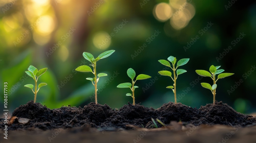 Five small green plants growing in soil, symbolizing growth and renewal in nature. Five small green plants growing in soil, symbolizing growth and renewal in nature.
