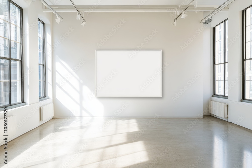 Bright and Airy Art Gallery Interior with Large Empty Frame Mockup Bright and Airy Art Gallery Interior with Large Empty Frame Mockup